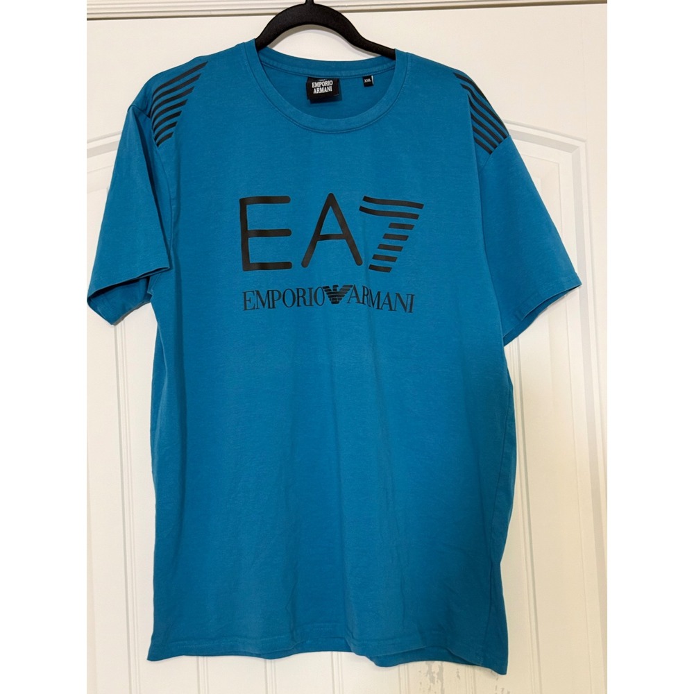 Emporio Armani EA7 Mens XXL Teal Blue Graphic Logo Short Sleeve T-Shirt Striped